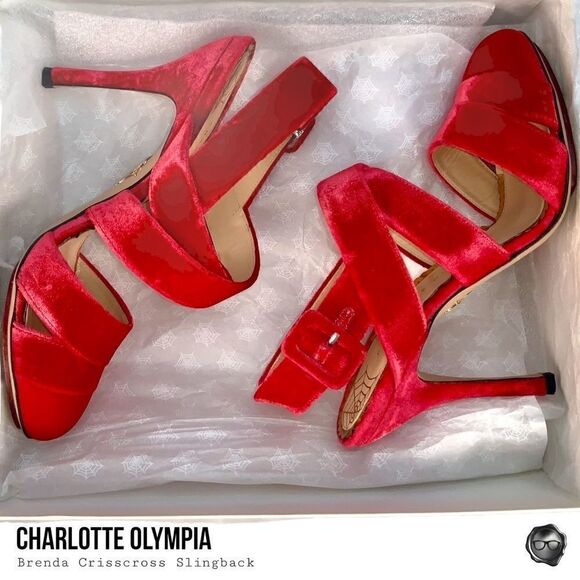 CHARLOTTE OLYMPIA BRENDA CRISSCROSS SLINGBACK PUMPS IN RED VELVET EU 38.5 NEW - Picture 15 of 15